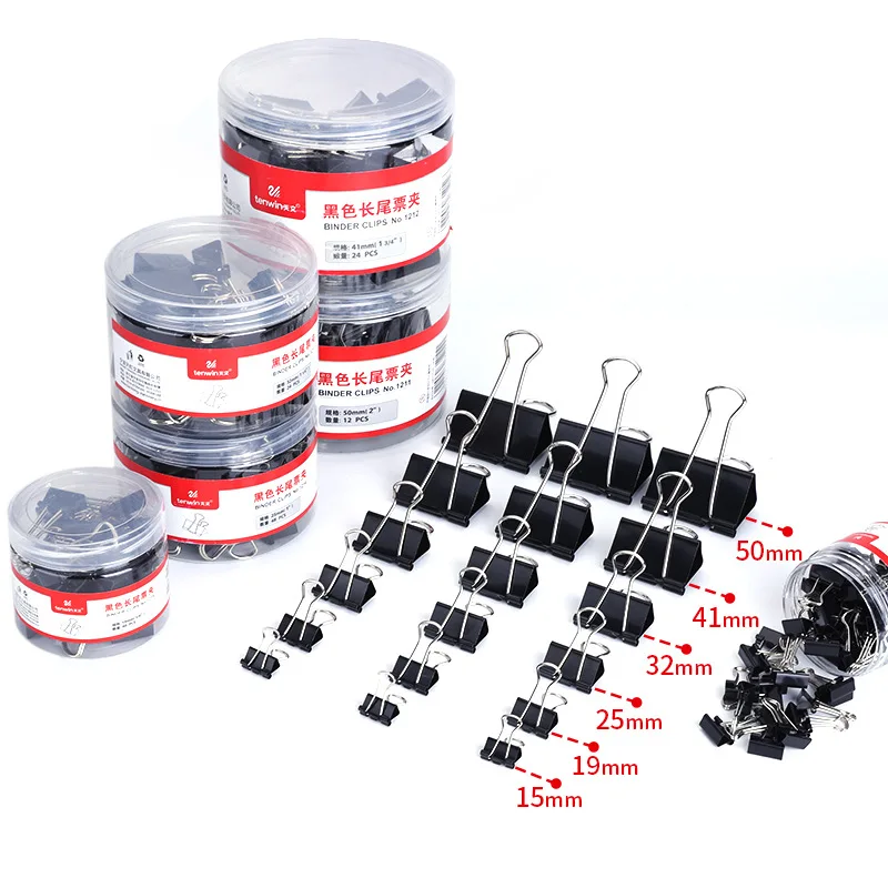 Tenwin 24/40PCS 19 32 41mm Black Foldback Metal Binder Clips Black Grip Clamps Office School Stationery Paper Document Clips