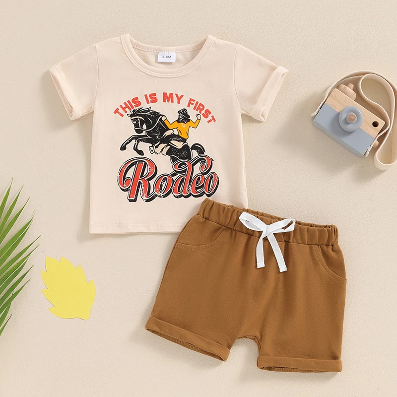 

2024-03-29 lioraitiin 3M-3Y Toddler Summer Baby Boy Western Outfits Short Sleeve Horse Print Tops + Solid Shorts Set Clothes