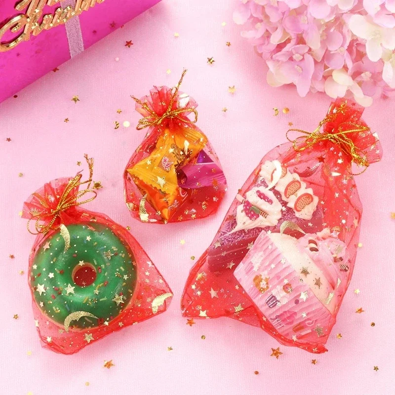 Organza Gift Bags 50PCS Moon Stars Drawstring Organza Jewelry Pouches Gold Star Favor Pouches for Christmas Wedding