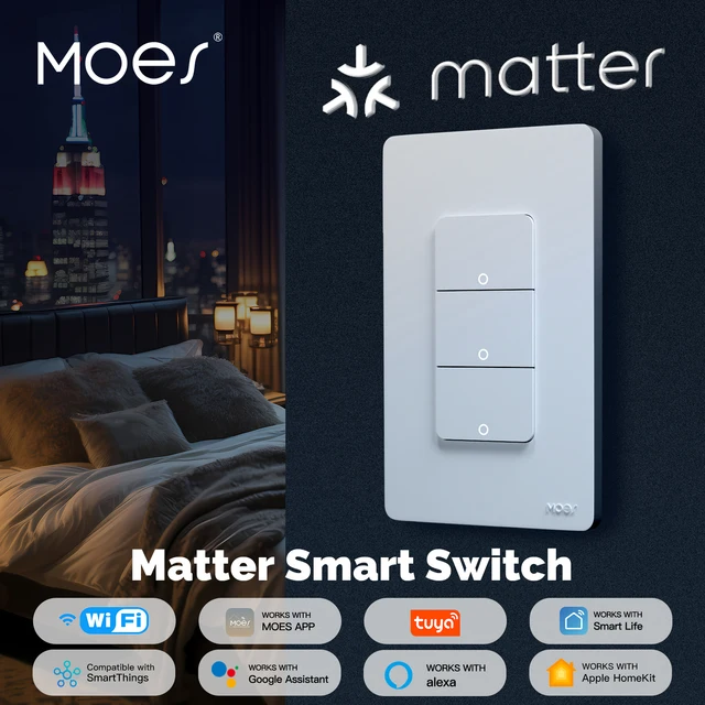 MOES WiFi Matter Switch สมาร์ท Tuya ปุ่ม Neutral Wire ต้องใช้ App Control Grounding Design Alexa Google Home Apple Home 1