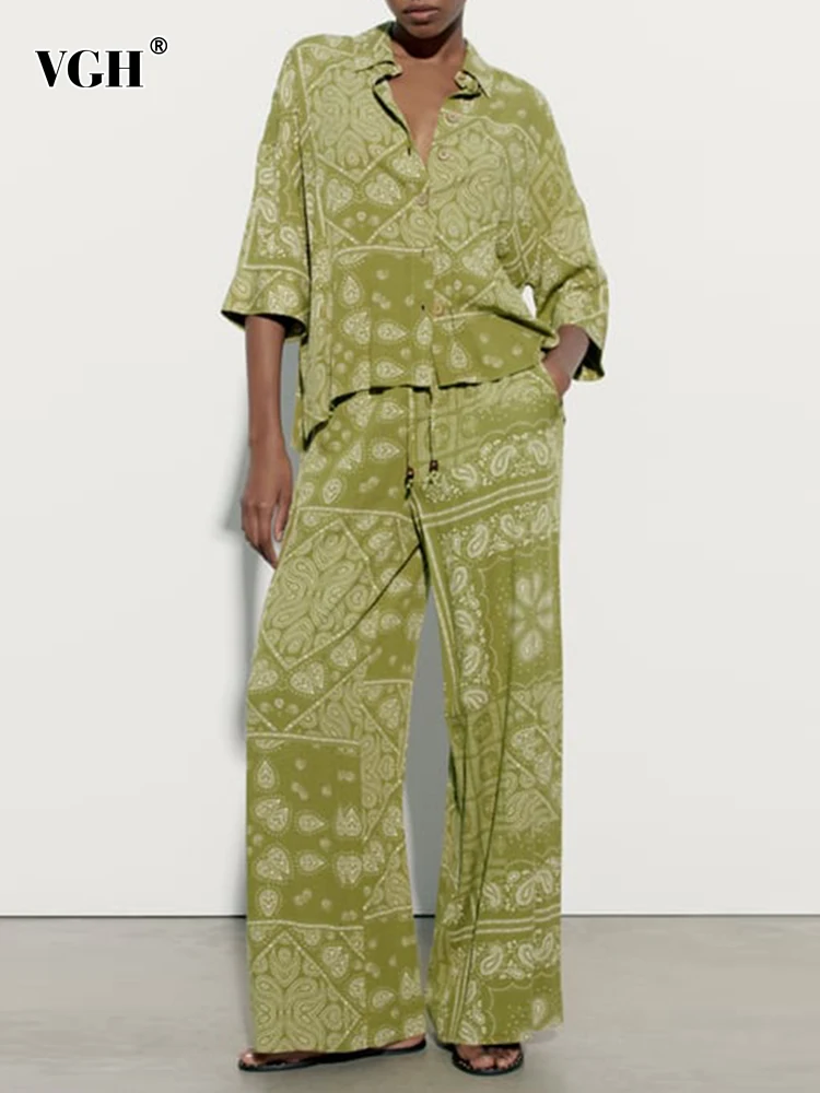 

VGH Green Print Two Piece Sets For Women Lapel Short Sleeve Casual Top High Waist Loose Wide Leg Pants Summer Set Female 2023