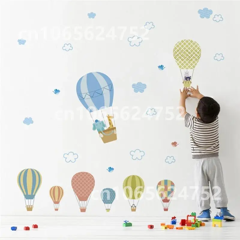 

Kids rooms home decor: DIY wallpaper with cartoon animals wall decals, hot air balloons wall stickers, and PVC mural art.