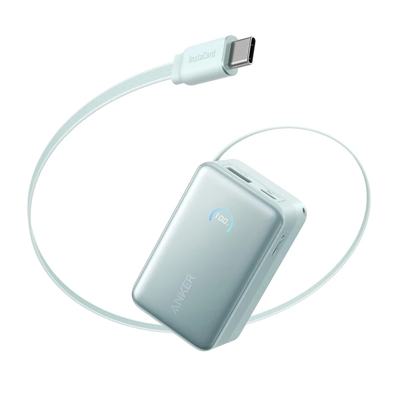 Anker Nano Power Bank شاحن محمول 10,000 مللي أمبير في الساعة مع كابل InstaCord قابل للسحب بطول 2.3 قدم 45 وات ماكس حزمة بطارية مدمجة iPhone 17