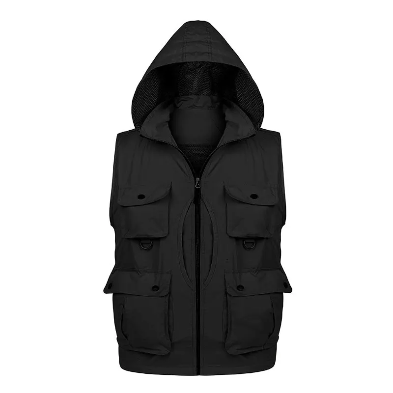 Hooded Fishing Photography Vest Men Removable Back V-Neck Multi-Bag Waistcoat Mountaineering Drifting Reporter Jackets