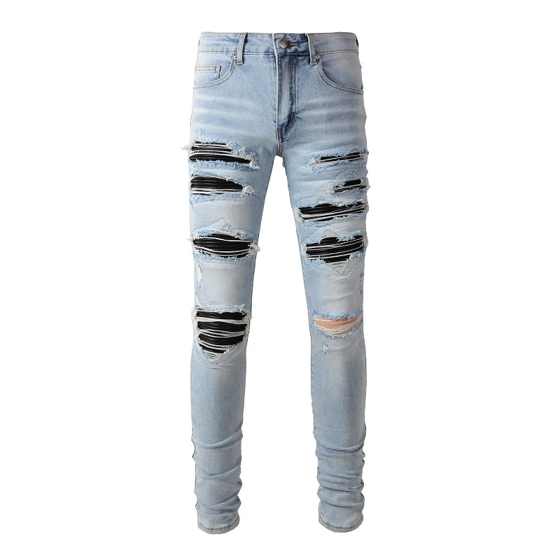 

No Brand Tags Classic Distressed Blue Holes Leather Ribs Patchwork High Quality Stretch Skinny Ripped Jeans Men