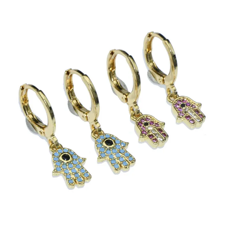 

Gold Plated Copper Multi Color CZ Paved Copper Evil Eye Hand Shape Charms Hoop Earrings for Women