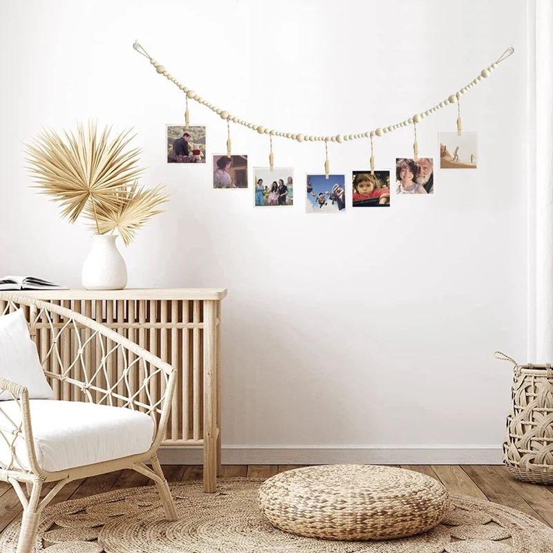 Décoration murale d'affichage de photo, perle en bois Boho avec 7 clips en bois pour la maison et le bureau, 3 pièces