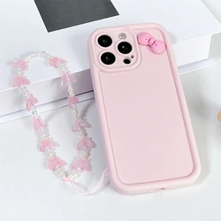 Charming 3D Pink Bowknot Butterfly Bracelet Chain Cartoon Case - Stylish Protective Cover & Delightful Gift - iPhone 15 Pro Max (Pink)