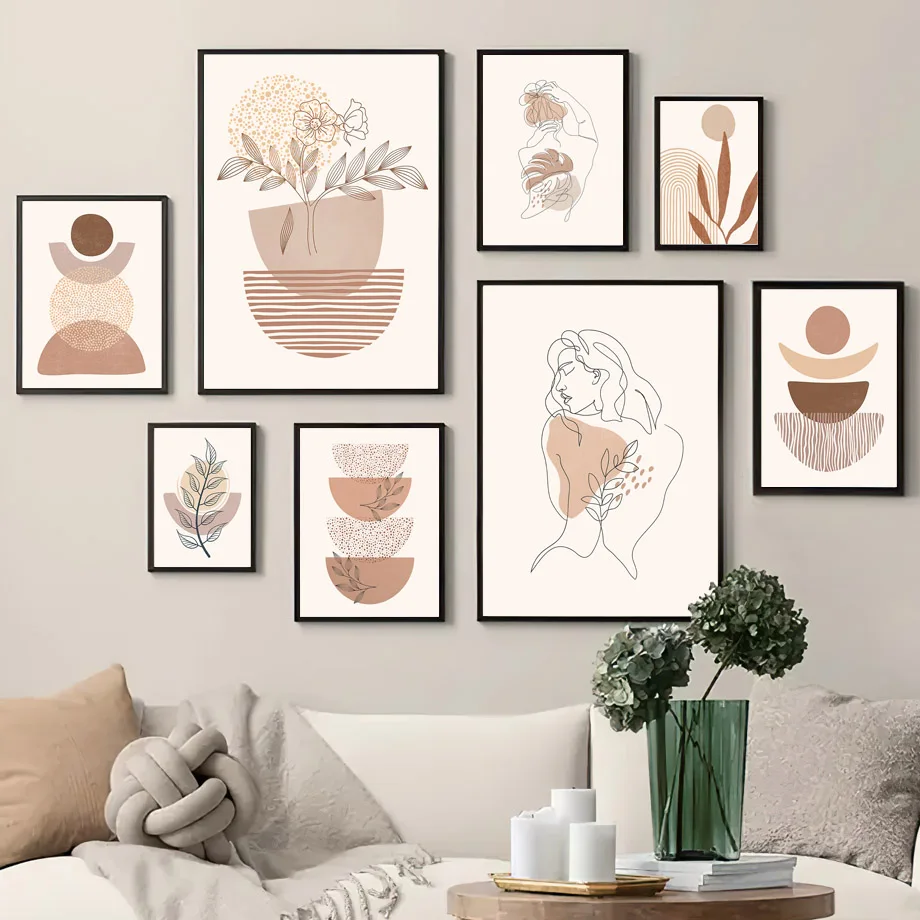 

Abstract Poster Boho Line Woman Leaves Vase Geometry Wall Art Canvas Painting Vintage Aesthetic Pictures For Living Room Decor