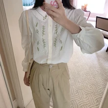 

Turn-down Collar Flower Embroidery Shirt Button Puff Long Sleeve Korean Short Blouse Spring Autumn 2022 Cute Kawaii Elegant Top