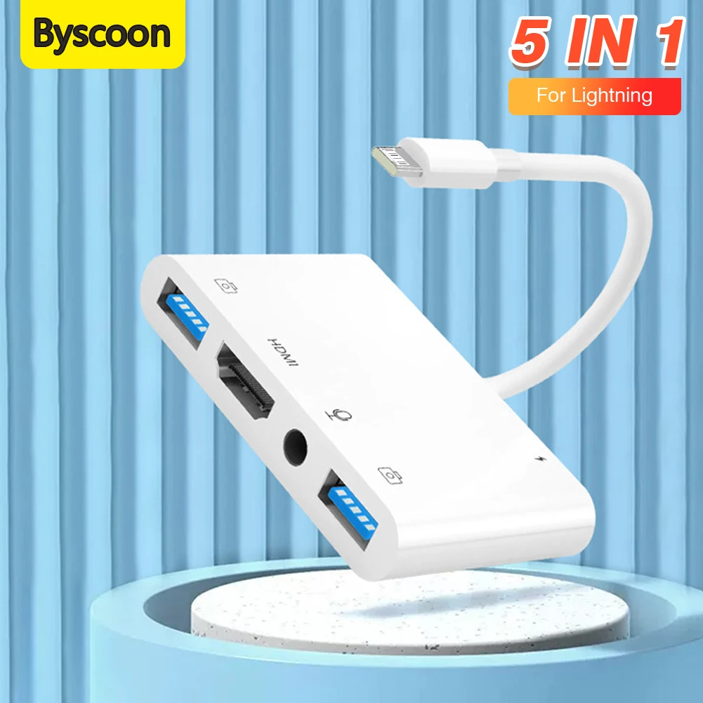 Lightning to HDMI Adapter Byscoon Lightning to HDMI Digital Av Adapter Dual USB/OTG Hub iPhone/iPad to 1080p TV Mic Audio Live-Stream Converter
