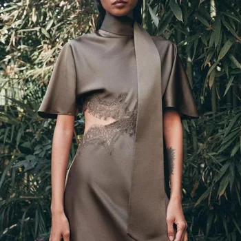 Elegante Abito in Raso di Seta Decorato con Pizzo, Moda Femminile Primavera-Estate, Nuovo Arrivo, Vestito Midi a Maniche Corte, Stile Sexy e Chic