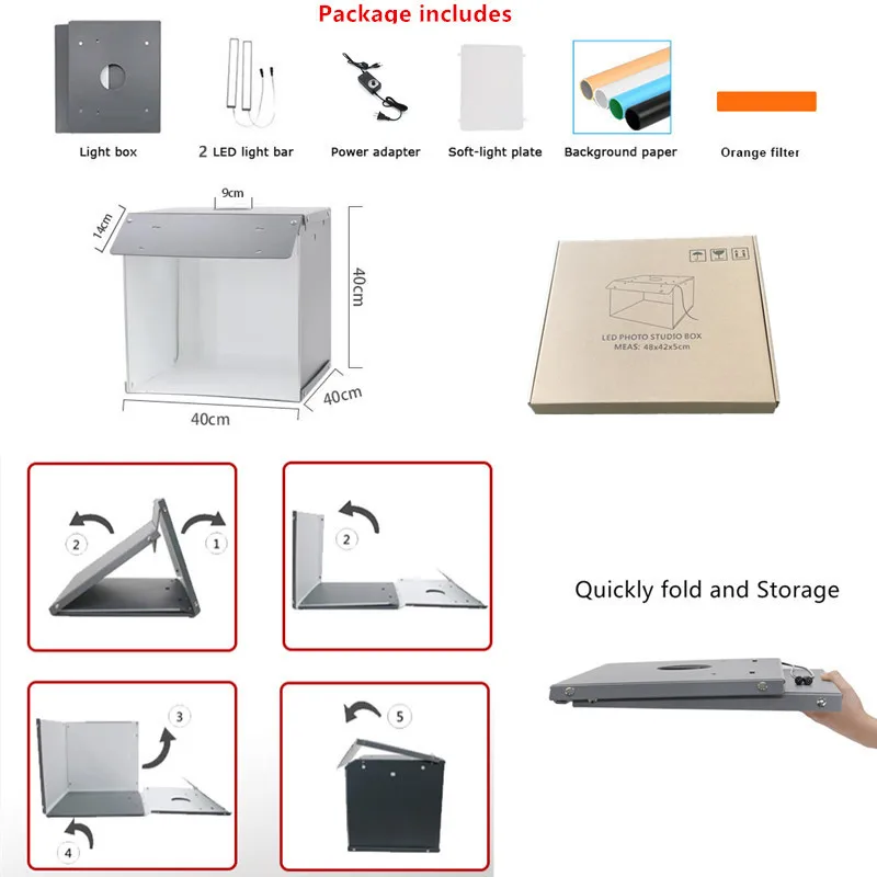 40cm Fold Photography Light Box Portable Dimmable Photo Studio LED Softbox Table Shooting Tent Lights Kit With 6 Backdrops