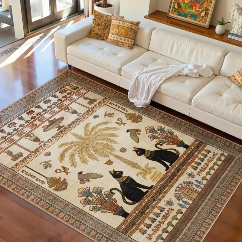 Bohemian Living Room Carpet Brown Black Cat Palm Tree Print Bedroom Rug Large Area Non-slip Machine Washable Coffee Table Mat 러그
