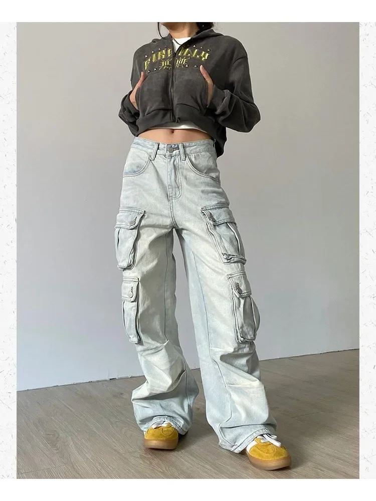 Japanese Y2K Grunge Blue Cargo Jeans Women Vintage 90s Streetwear Oversize Multy Pockets Denim Pants Distressed Trousers 2024