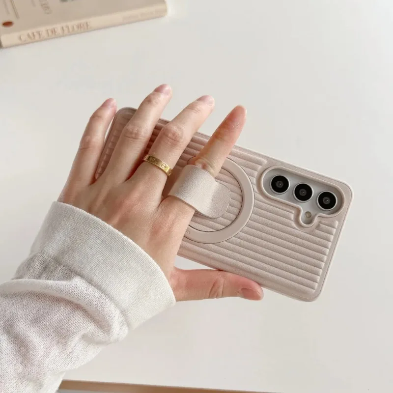 Adjustable Ring Holder Leather Magnetic Case with Creative Corrugated Stripe Cover