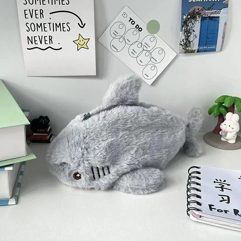 Cute Plush Shark Pencil Case Student Stationery School Supplies Storage Pen Bag Plush Toys