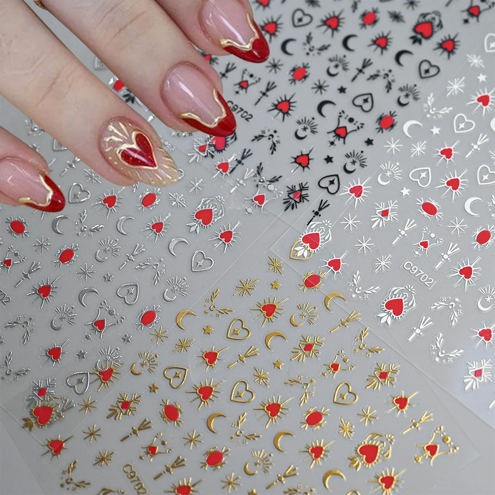 1pcs 3D Bronzing Gold Love Heart Nail Art Stickers Y2K Holographic Stars Sun Sliders Starlight DIY Decals Manicure Decoration 6