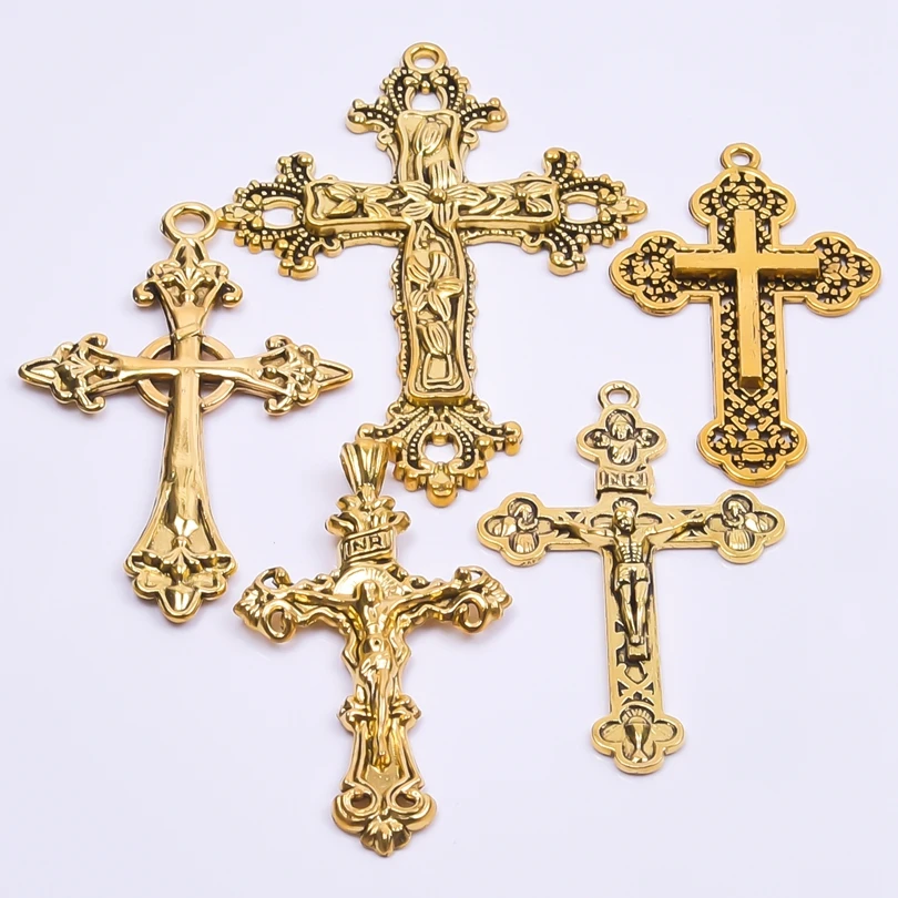 

5pcs/lot Religion Crosses Alloy Charm Mix Gold Color Crucifix Pendant Accessories diy Jewelry Making Amulet Necklace Craft cruz