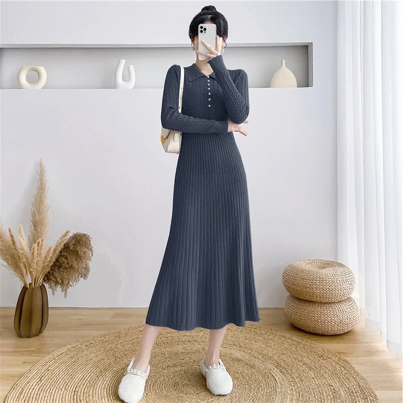 Ribbed Autumn Knit Long Dress For Women Fashion High Waist Elegant Solid Long Sleeve Dress Lapel Loose Knitwear Maxi Dress