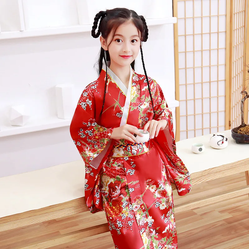 Japanese Kimono Girls Japan Kimono Satin Luxury Novelty Yukata Gown Printed Robe with Obi Children Performance Costume Traditional Asian Clothes