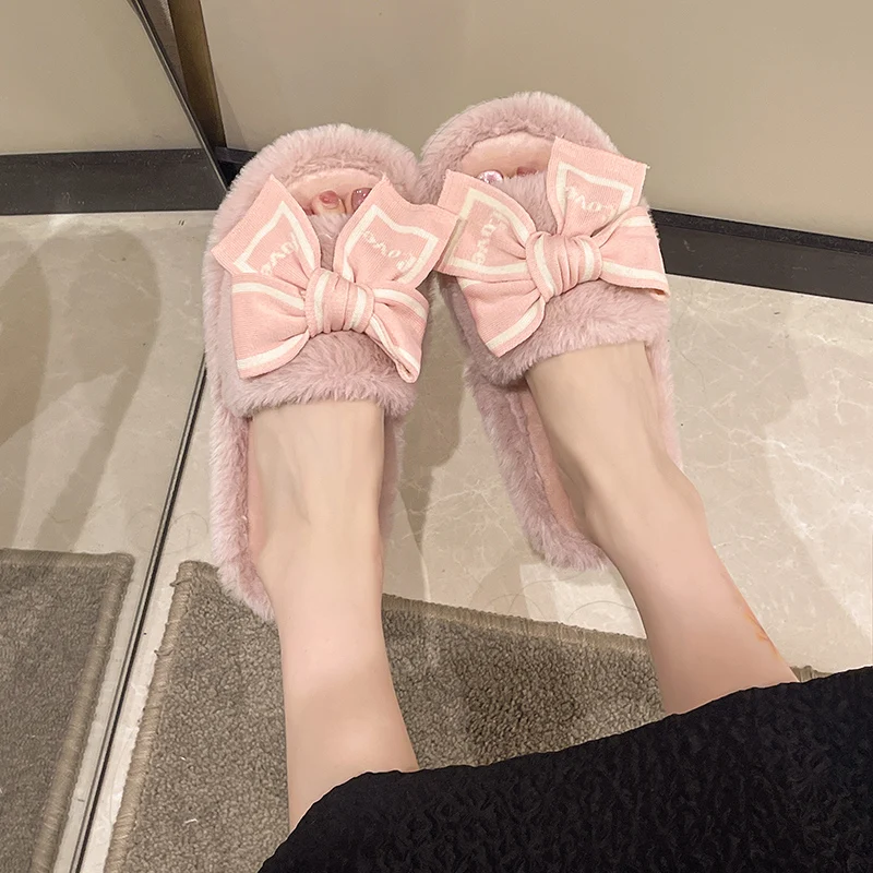 Women's Fuzzy Winter House Slippers With Bow Platform_voghion.com