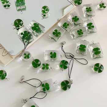 Green Lucky Four Leaf Clover Keychain Lucky Clover Phone Lanyard Glass Pendant Keyring Accessories Gifts 1