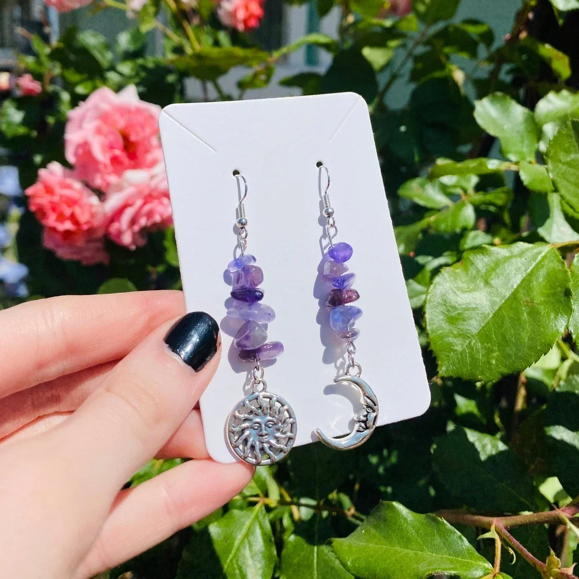 

Silver Sun / Moon and Purple Crystal Pendant Asymmetrical Earrings