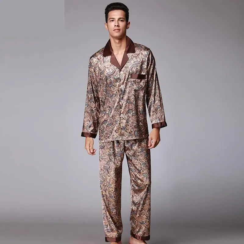 New Luxury Pajamas Men Paisley Pattern Sleepwear Silk Long-sleeved Satin Mens Pyjamas Men's Lounge Pajamas Set Plus Size 4XL