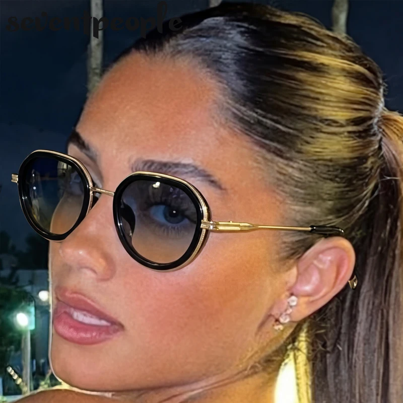Women's round sunglasses with a metal frame in a bank design, luxurious with 2026 design, elegant and modern retro