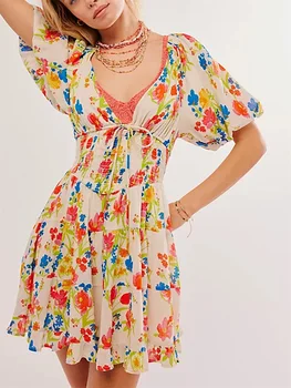 Women Mini Dress Floral Print Tie-Up Front Short Sleeve Dress Summer Casual A-line Dress 2