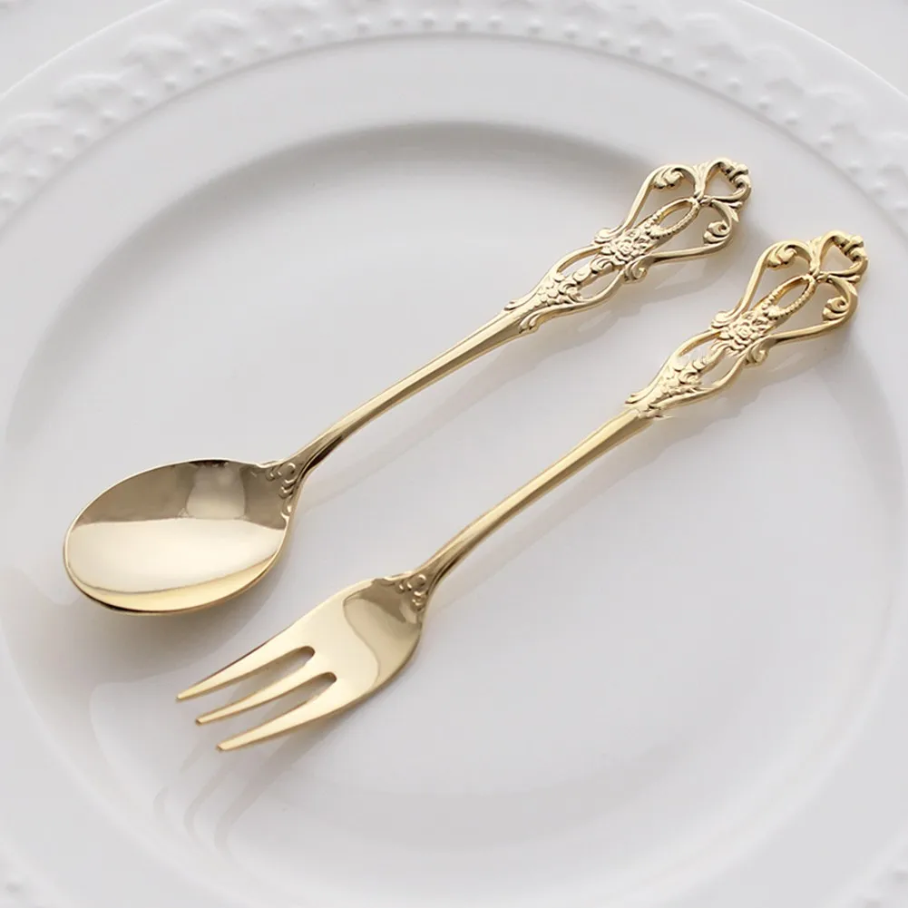 2PcsRetroGoldSpoonForkCutlerySetStainlessSteelLuxuryDessert