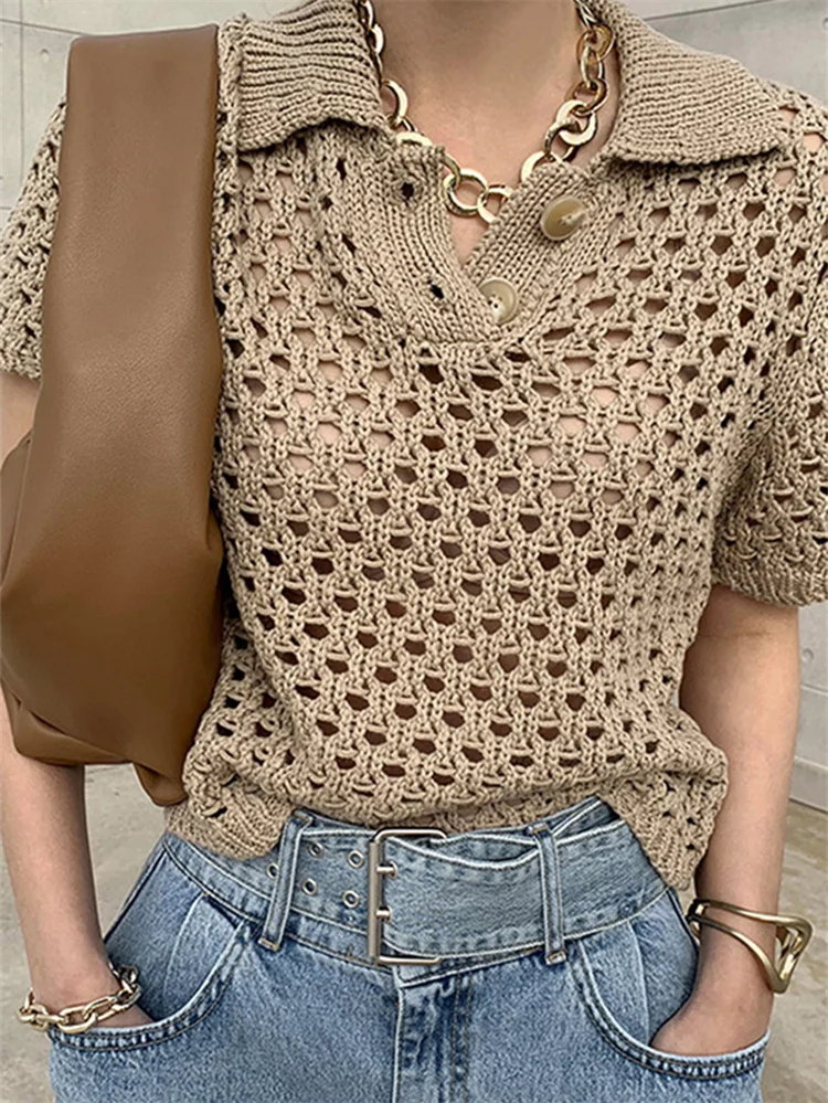 MoyizifLadiesKnittedTopsSolidPulloverHollowedOutShirtsWomen