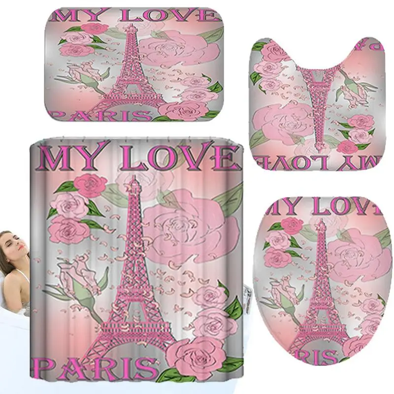 

Valentine Shower Curtains U Shape Mat Non-Slip Rugs Toilet Lid Cover 4pcs Valentine's Day Decor Bathroom Supplies For Bathtubs