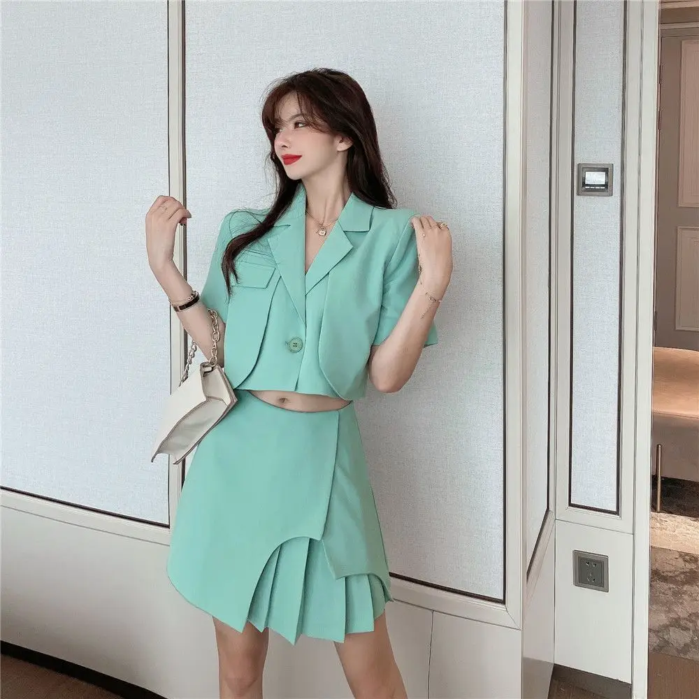 Short Sleeve Sexy Womens Sets Outfit 2023 Suit with Skirt and Blazer Summer Two Piece Set for Women Chic Elegant Korean Style Xs