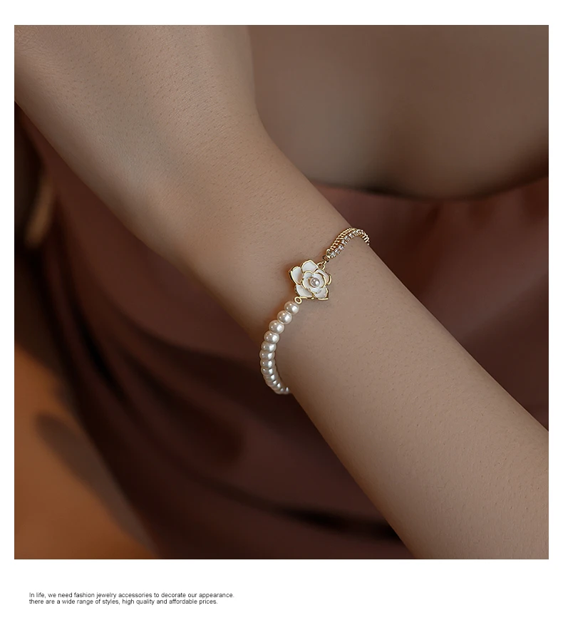 Französische elegante weiße Emaille Kamelie Blume Perle Kette Charm Armbänder für 2024 Damen süße Accessoires Mädchen Handgelenk Schmuck – Detail 8