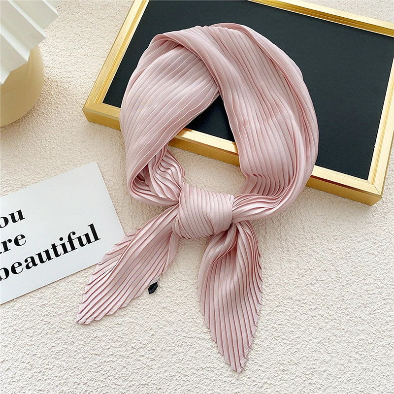 

Pleated Solid Satin Scarf Women Neckerchief Ribbon Square Skinny Hair Tie Band Kerchief Satin Foulard Scarves Headscarf Decorate