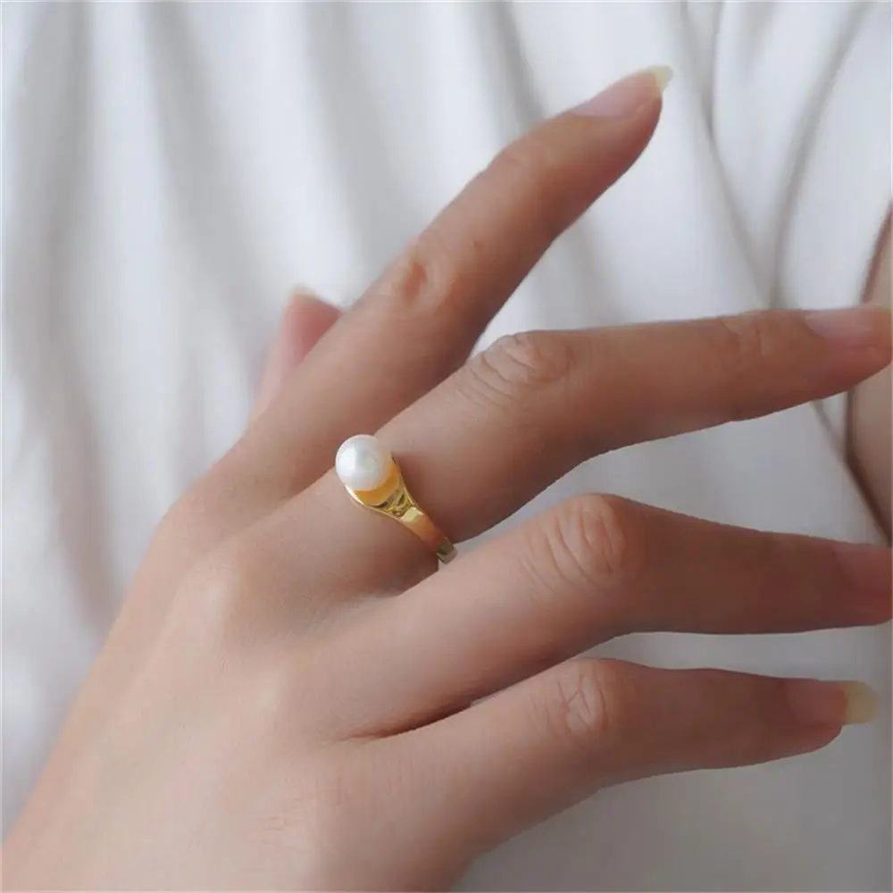 18K Gold Plated Sparkling Zircon Wedding Ring for Women Waterproof Rust Proof Pearl Crystal Rings Polished Vintage Jewelry 2025