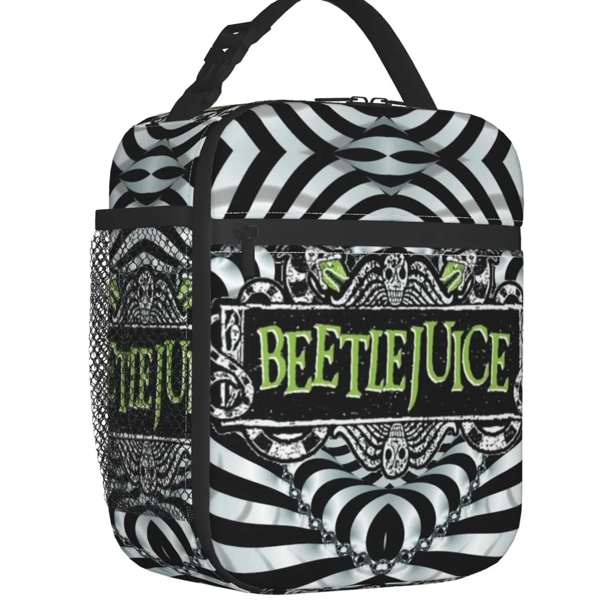 

Custom Horror Movie Beetlejuice Lunch Bag Men Women Cooler Thermal Insulated Lunch Box for Kids School