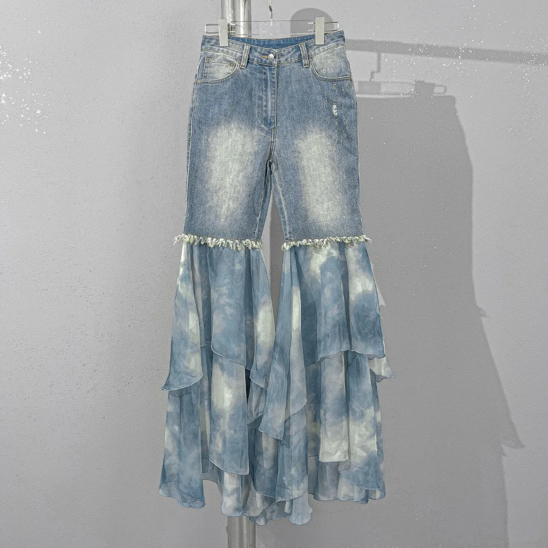 

2023 Women's Clothing patchwork denim wide leg pants Autumn Winter New 1106