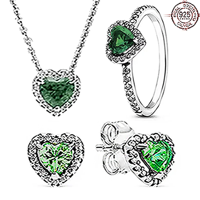 

Classic 925 sterling silver green crystal heart-shaped series ring necklace set fit original female jewelry proposal gift