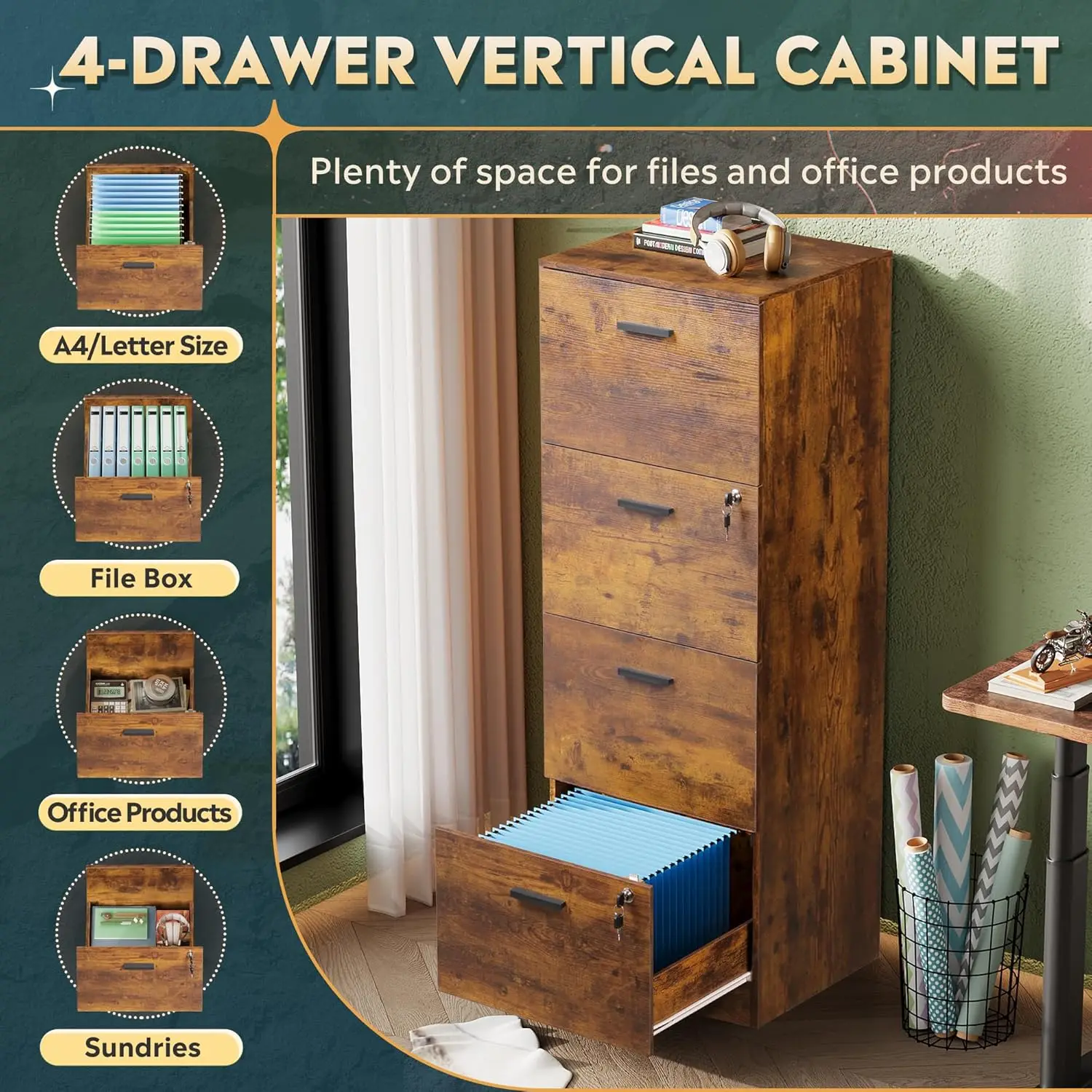 4 Drawer File Cabinet with Lock, Vertical Filing Cabinet for A4/Letter Size Files, Wood Storage Cabinet for Home Office