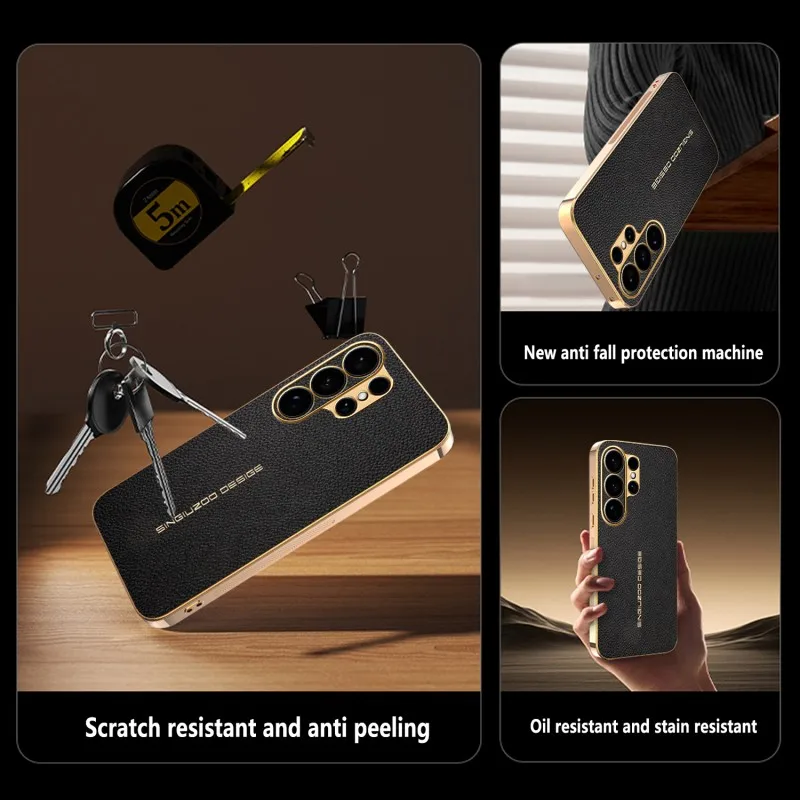 Luxury Shockproof Litchi PU Leather Plating Cover Case in Premium Plastic