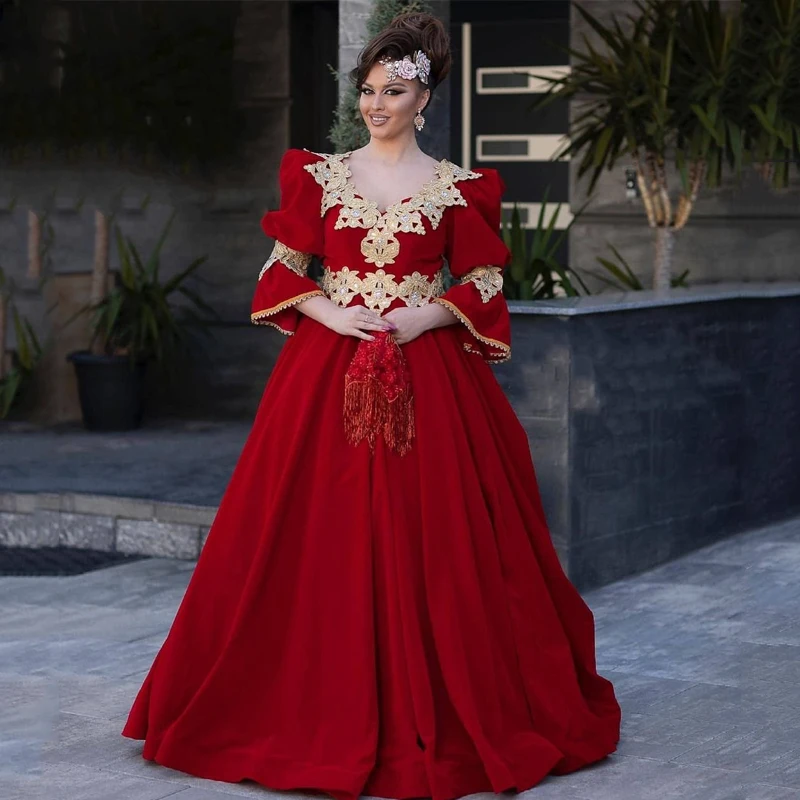 Koendye  Burgundy Moroccan Caftan Evening Dresses 2024 A-Line Dubai Saudi Arabic Gold Embroidery Bell Sleeve Islamic Prom Gowns moroccan kaftan caftan muslim evening dresses a line long sleeves tulle appliques beading dubai arabic turkey abaya islamic gown