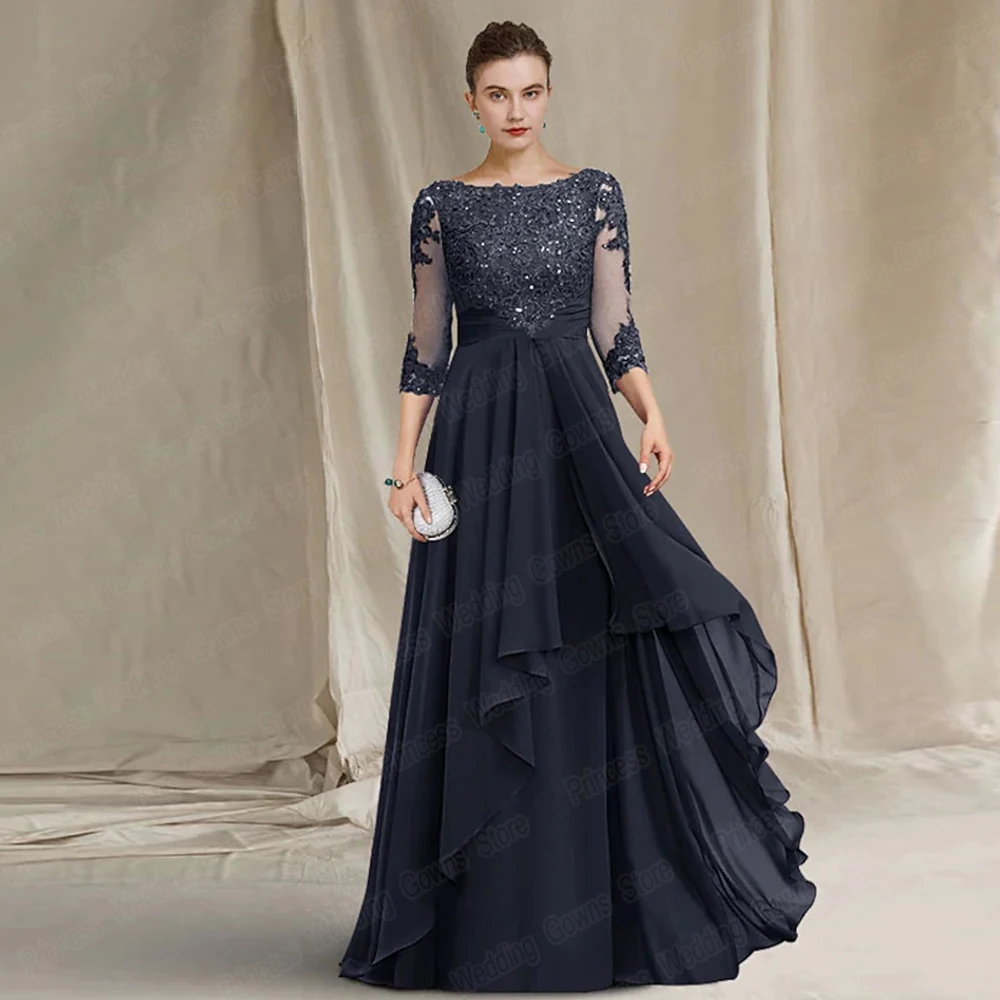 Long Wedding Guest Party Dress for Woman Appliue Floor Length Chiffon Formal Mother Of The Bride Gown Plus Size A Line 3/4 Sleeve mother bride dresses