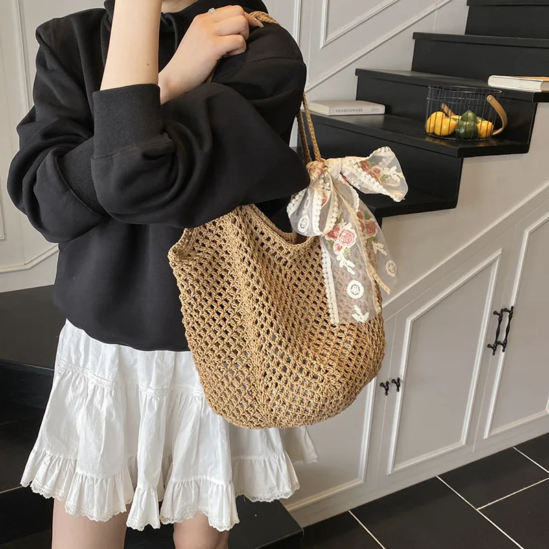 Solid Crochet Tote Handbag Summer Beach Bag Fashion Women's Mesh Woven Shoulder Bags Large Capacity Knitting Underarm Bag