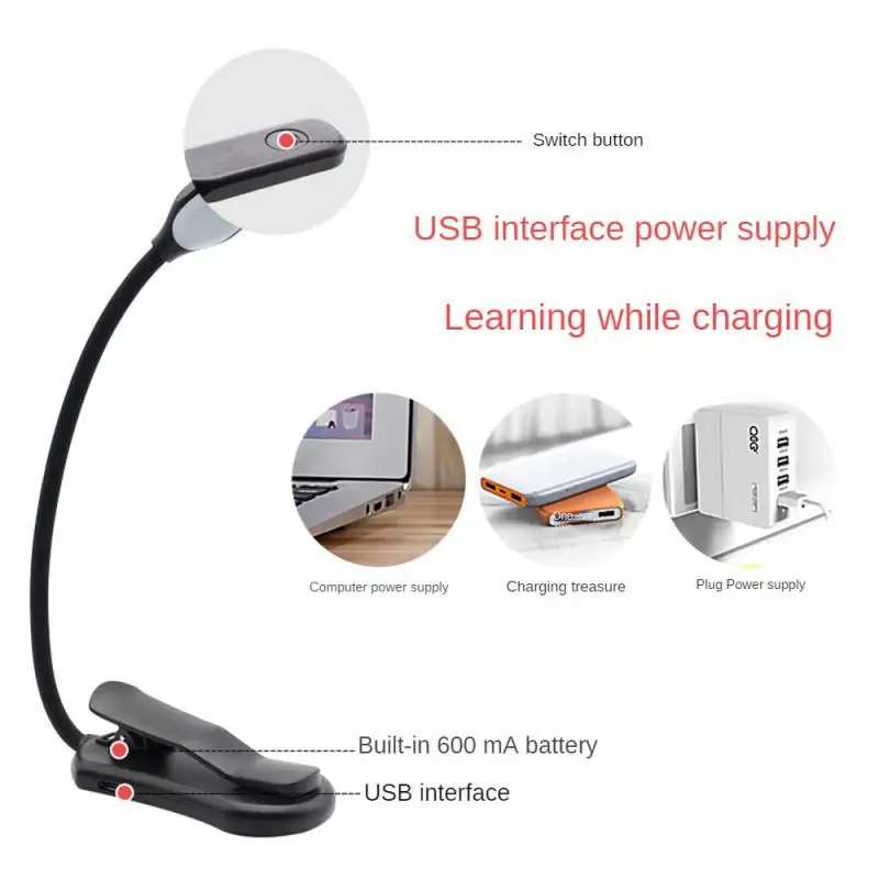 7LED Book Light USB Rechargeable 3-Level Warm White Night Light Adjustable Reading Desk Lamp With Goosenecks Clip Bedroom Study desk lamp,night light,led desk lamp,book light