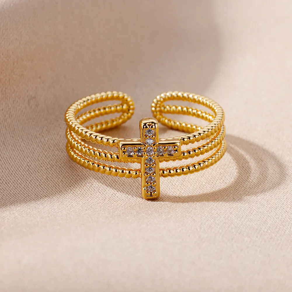 Zircon Cross Rings For Women Adjustable Stainless Steel