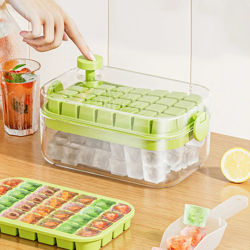 One-button Press Ice Cube Tray Mould Container Box with Lid Freezer Maker