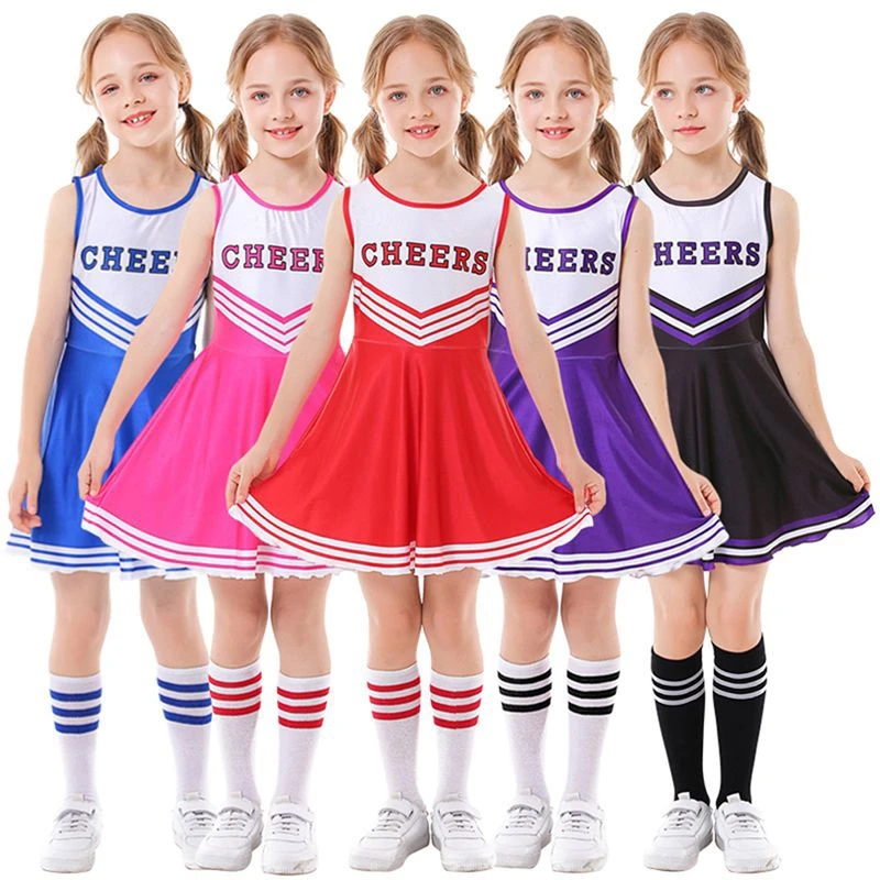 Kids Girls Cheerleader Costume School Girls Cheer Uniform Outfit Sleeveless Halloween Cosplay Dancewear With Pompoms Socks Set